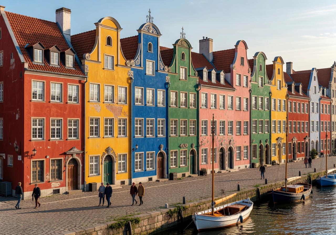 Colorful traditional facades along the waterfront in Gdansk