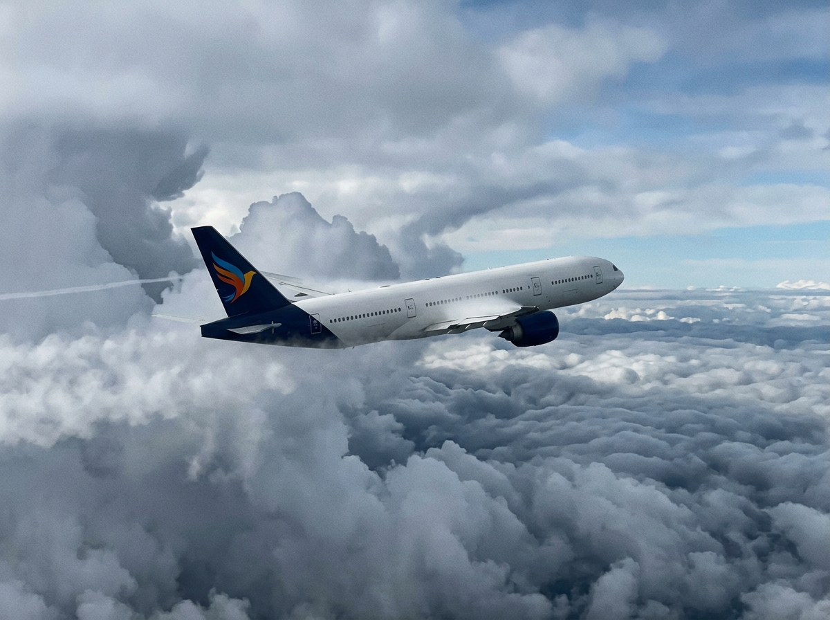 Commercial airplane flying through clouds