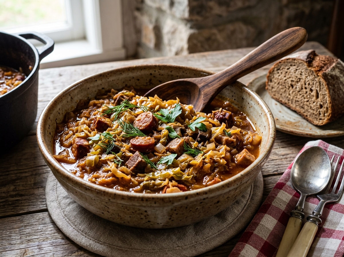 Hearty meat and cabbage stew known as Bigos