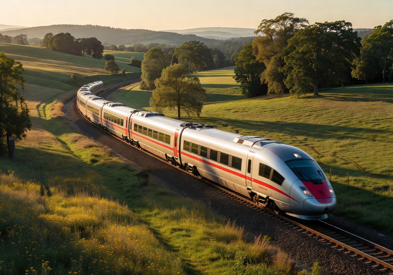 Modern high-speed PKP Intercity train traveling through European countryside