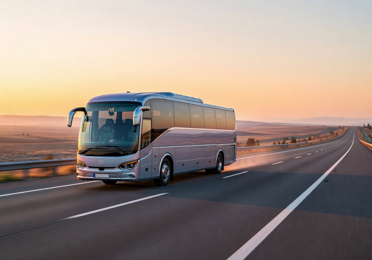 Modern long distance travel bus on highway
