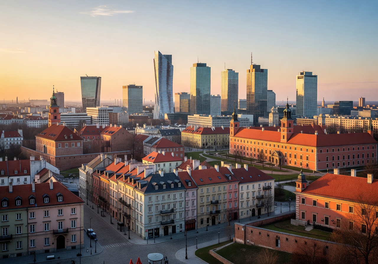 Modern skyline and historic architecture of Warsaw city center
