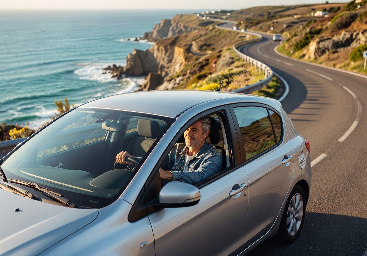 Person driving a rental car on a scenic road