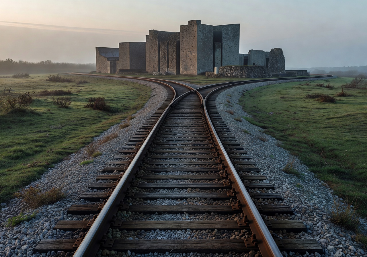 Rail tracks leading to a historic memorial site in Europe