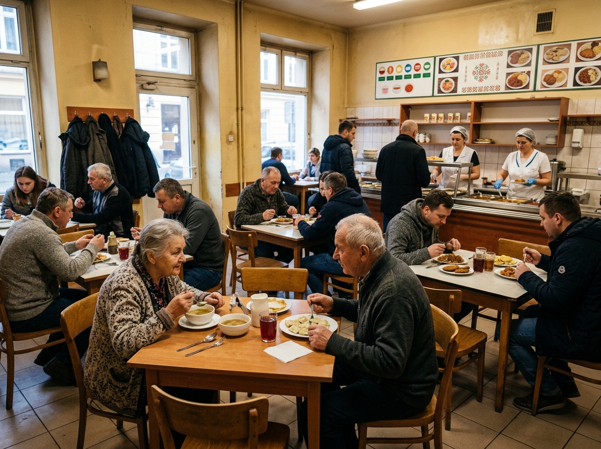 Traditional Polish Milk Bar interior with locals dining