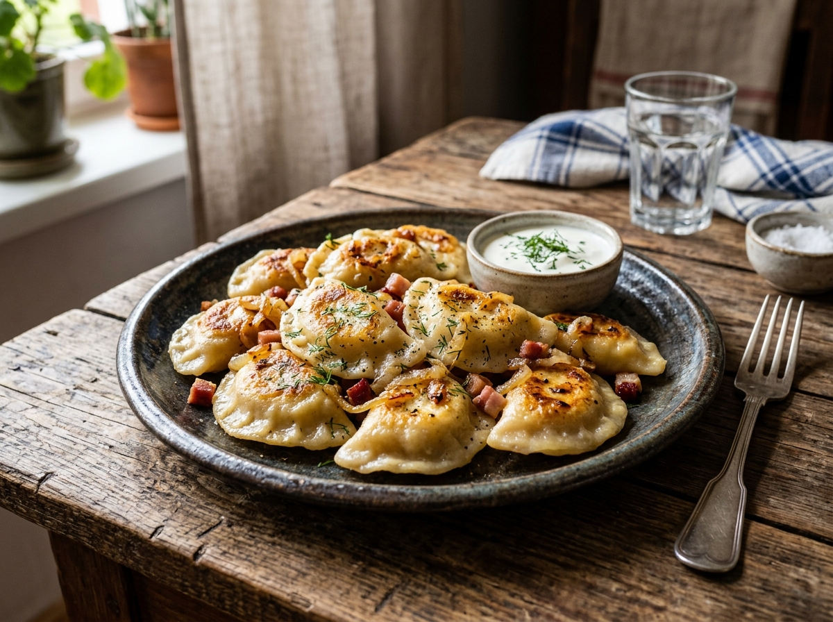 Traditional Polish Pierogi dumplings on a rustic plate