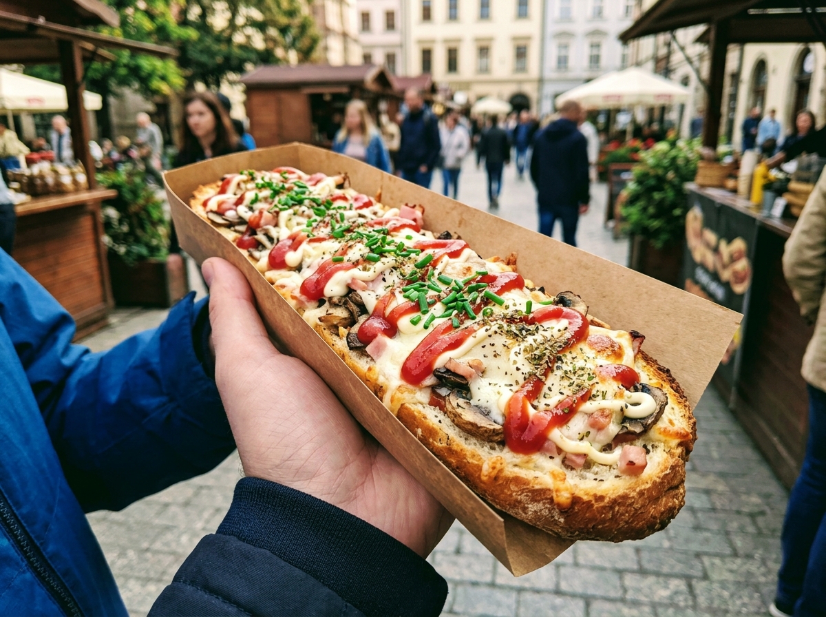 Traditional Polish Zapiekanka street food baguette
