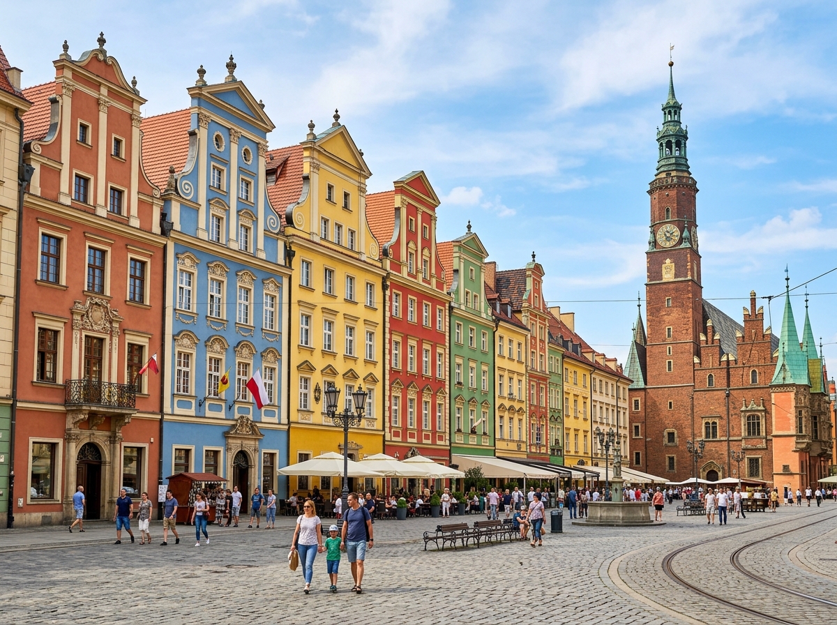 Wroclaw Old Town Market Square and colorful townhouses